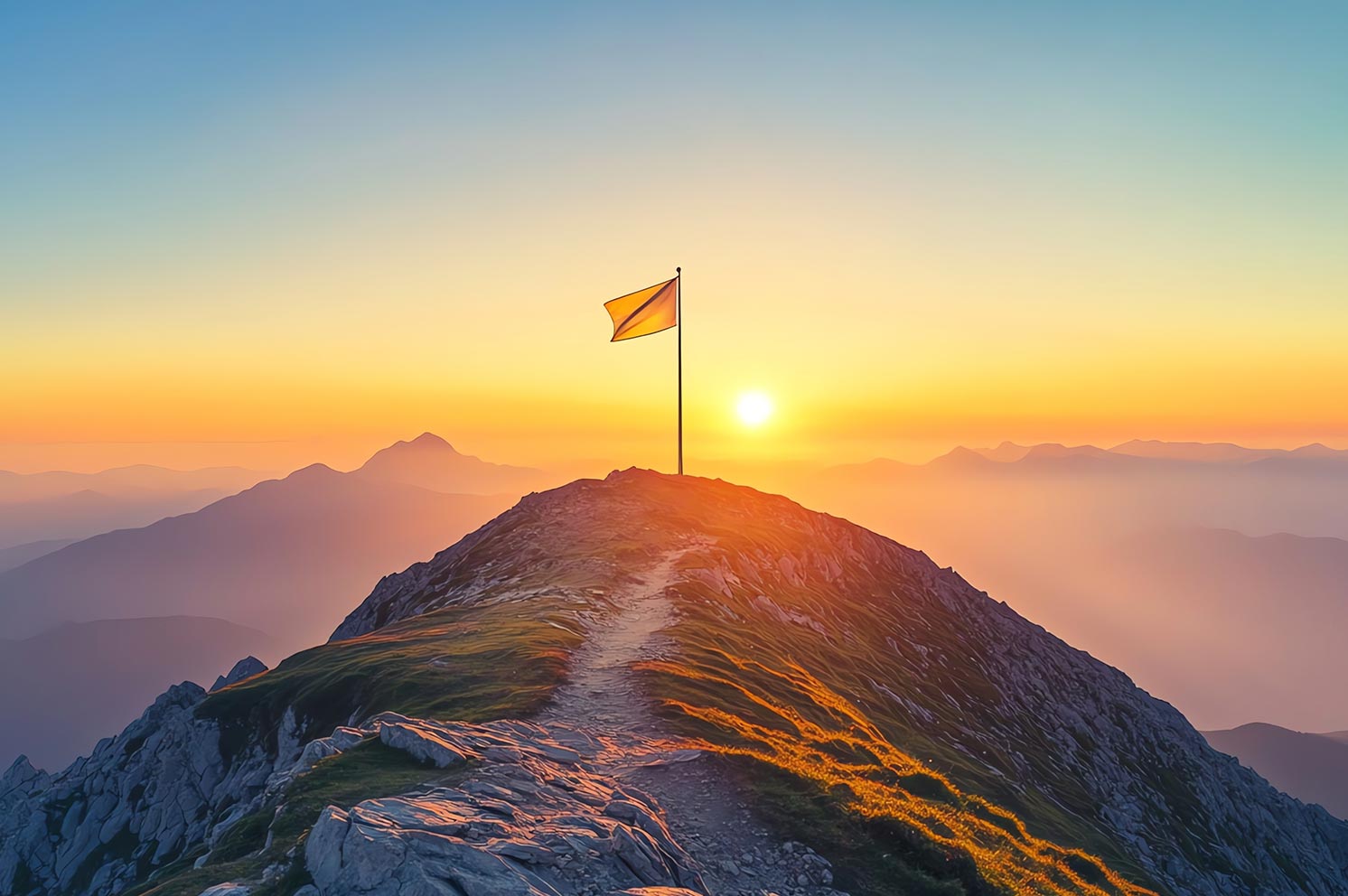 G&V | Venture Brands Agency | A mountain with a flag on the top an sunset