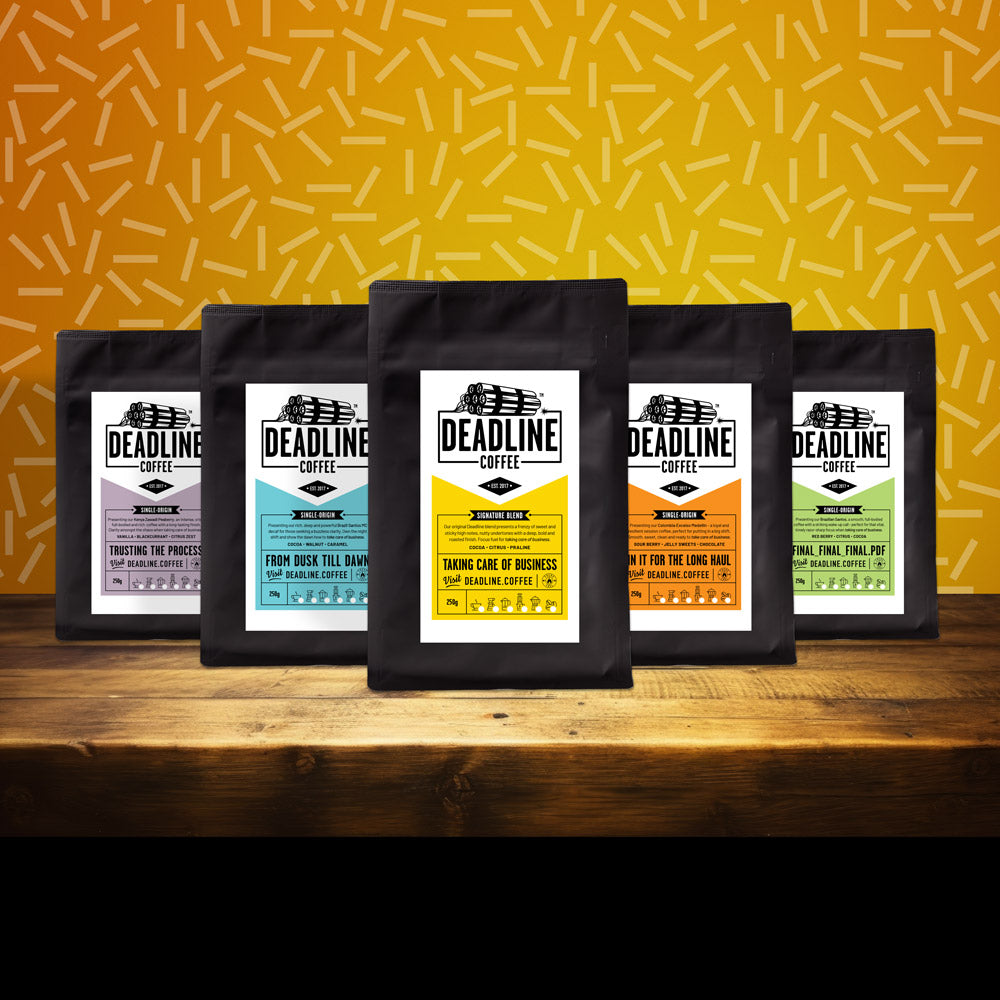 G&V Venture Brands Agency | The Deadline Coffee range on a wooden worktop