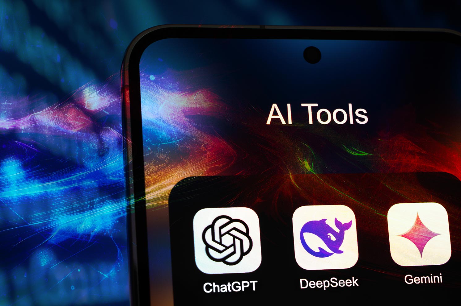 A mobile phone with ChatGPT, DeepSeek and Gemini app icons