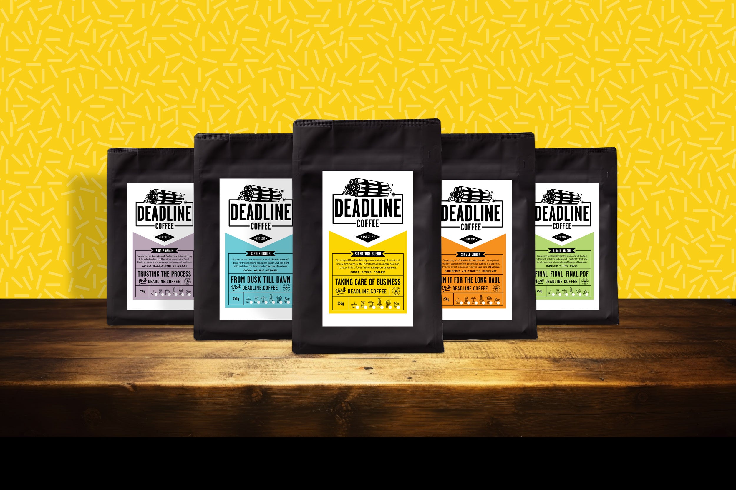G&V Venture Brands Agency | The Deadline Coffee range on a wooden worktop