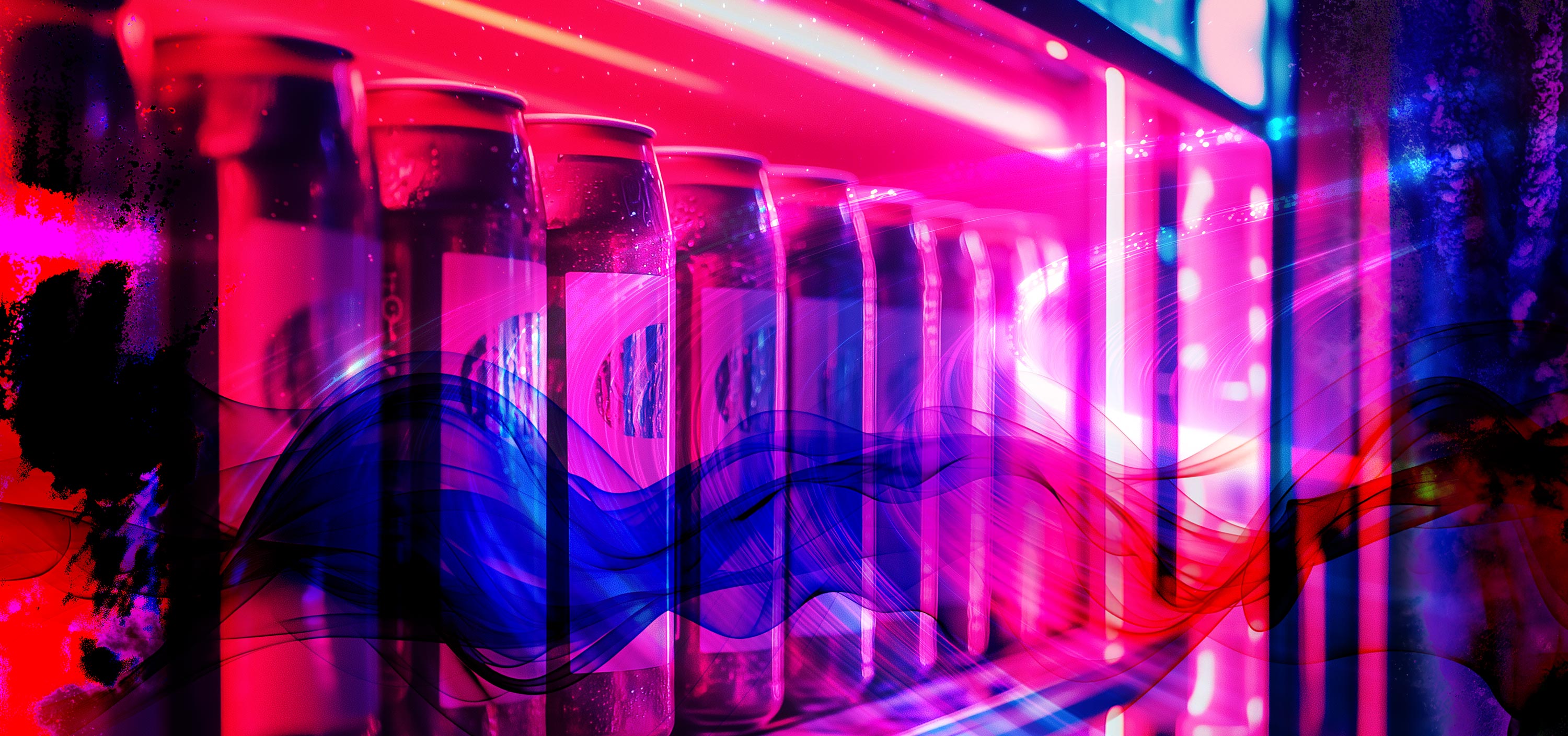 Neon-lit glass bottles with colorful reflections