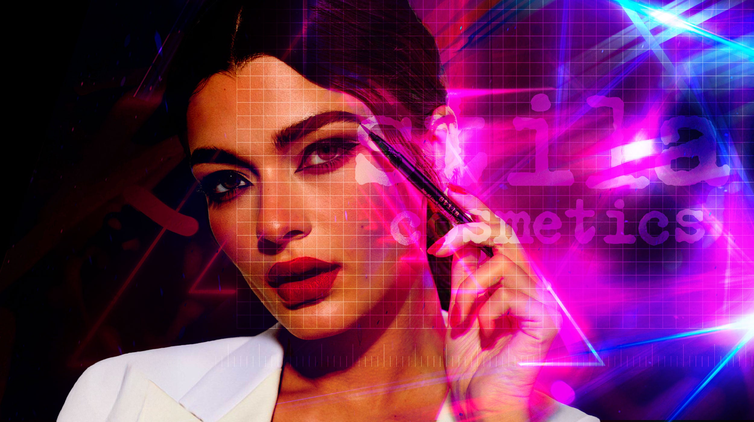 Woman applying makeup with a brush, overlaid with 'Stila Cosmetics' branding on a vibrant background.