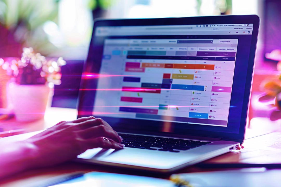 Person using a laptop with colorful software interface on a blurred background