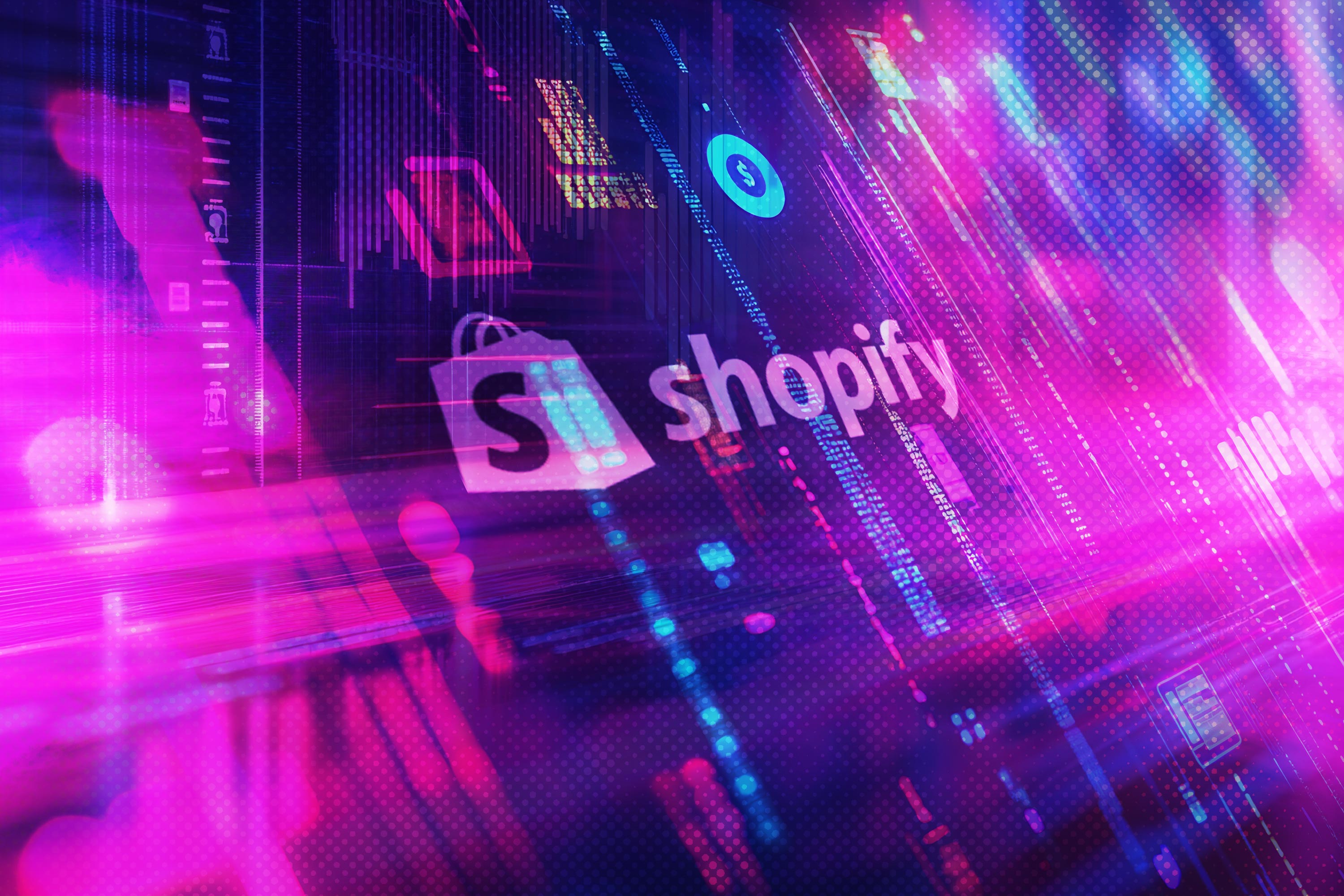 Shopify logo on a vibrant, futuristic background with digital elements.
